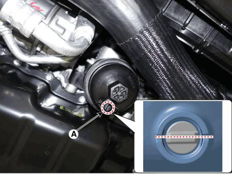 (3) Using the socket wrench, remove the oil filter cap (A).